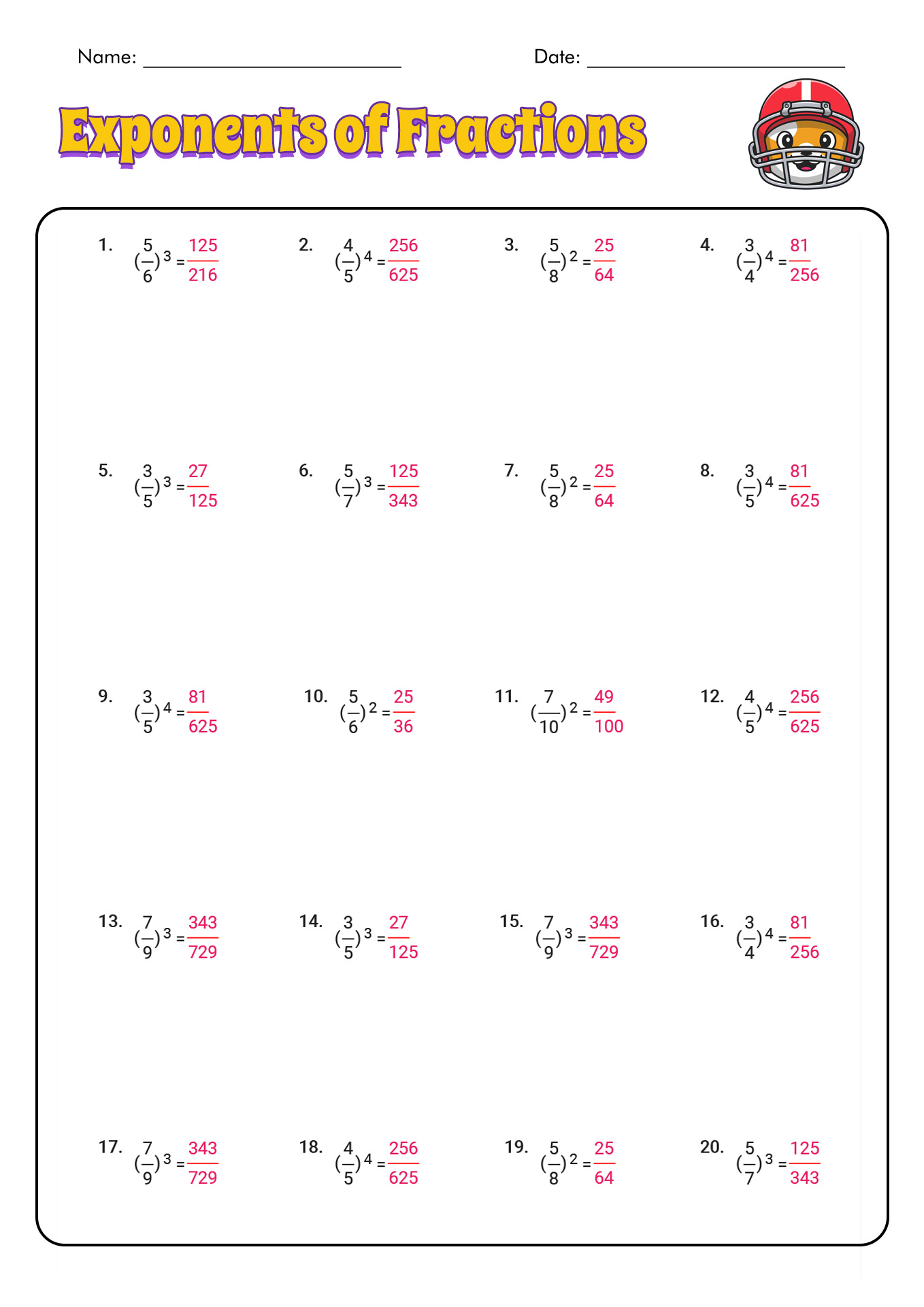 Fractional Exponents Worksheets