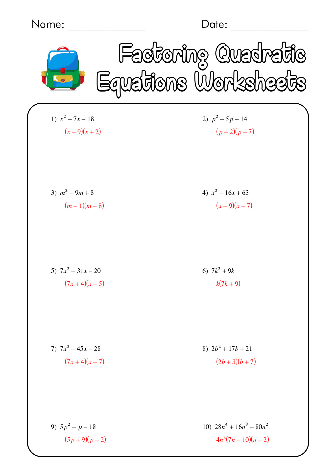 Algebra 1 Factoring Worksheet