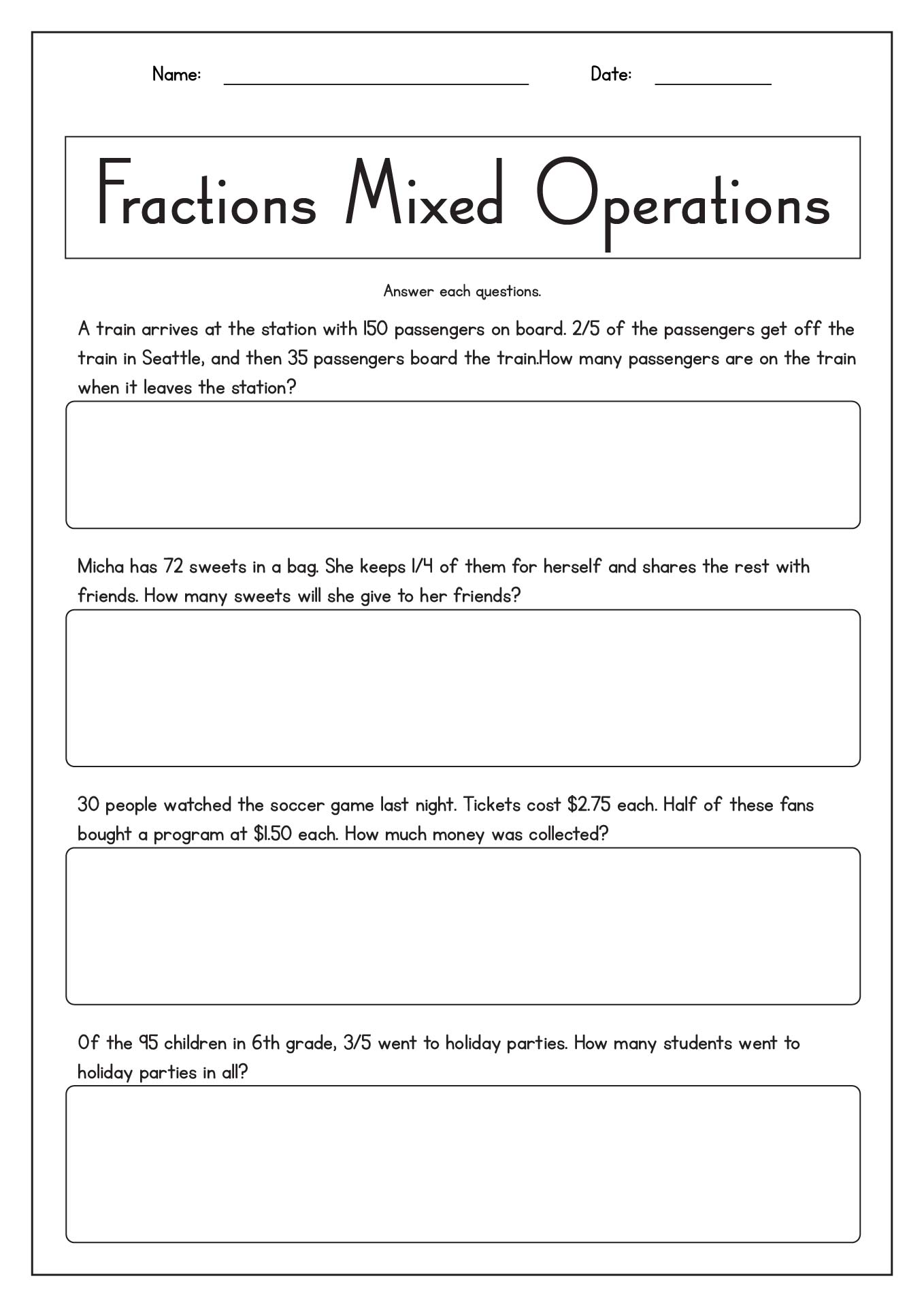 Fraction Word Problems Worksheets