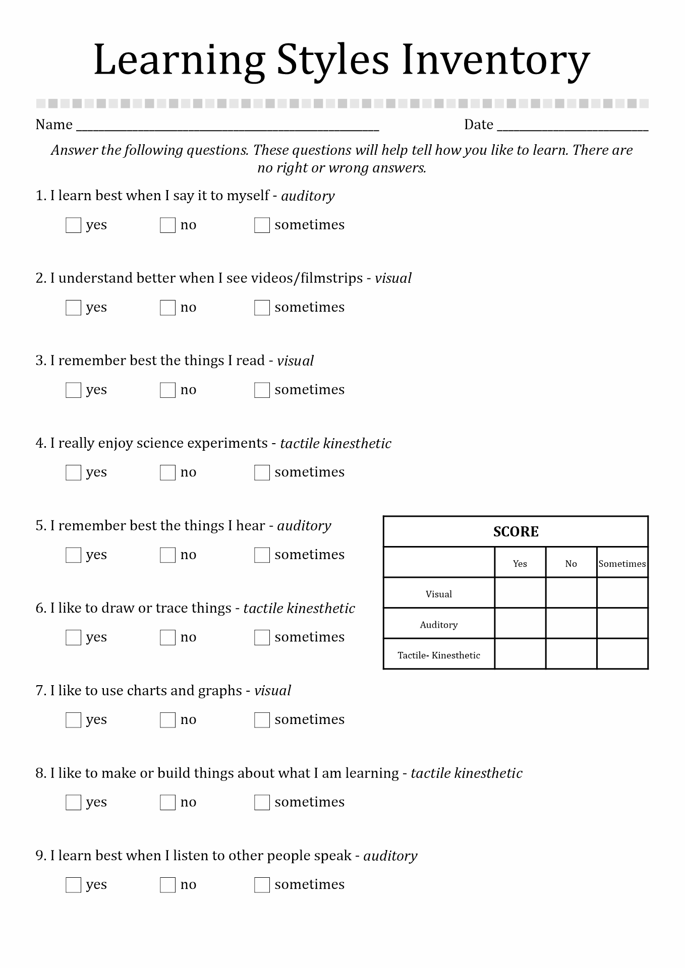 Free Printable Learning Styles Inventory For High School Students