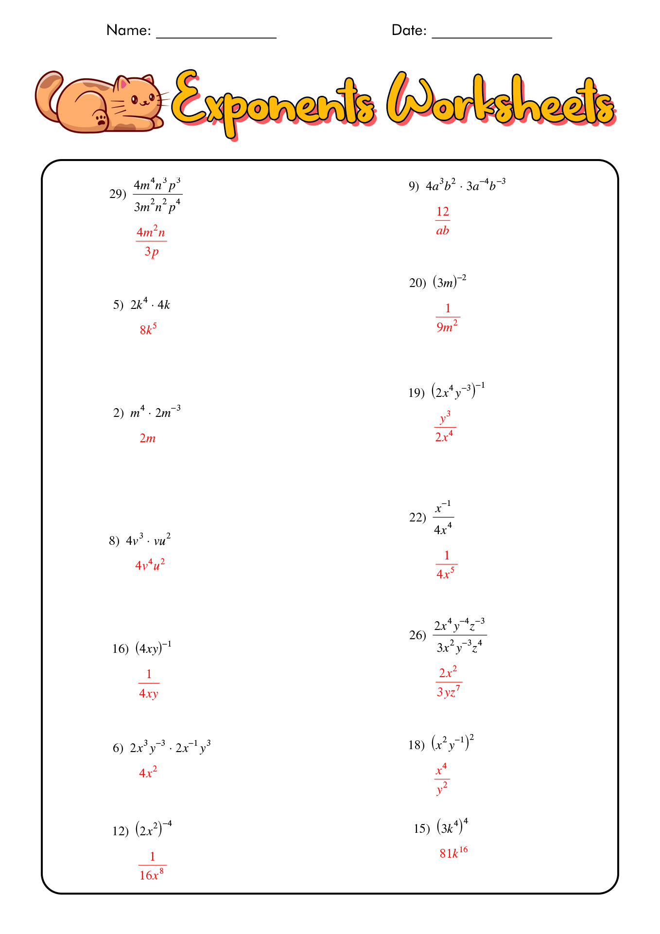 Rules Of Exponents Worksheet Answer Key