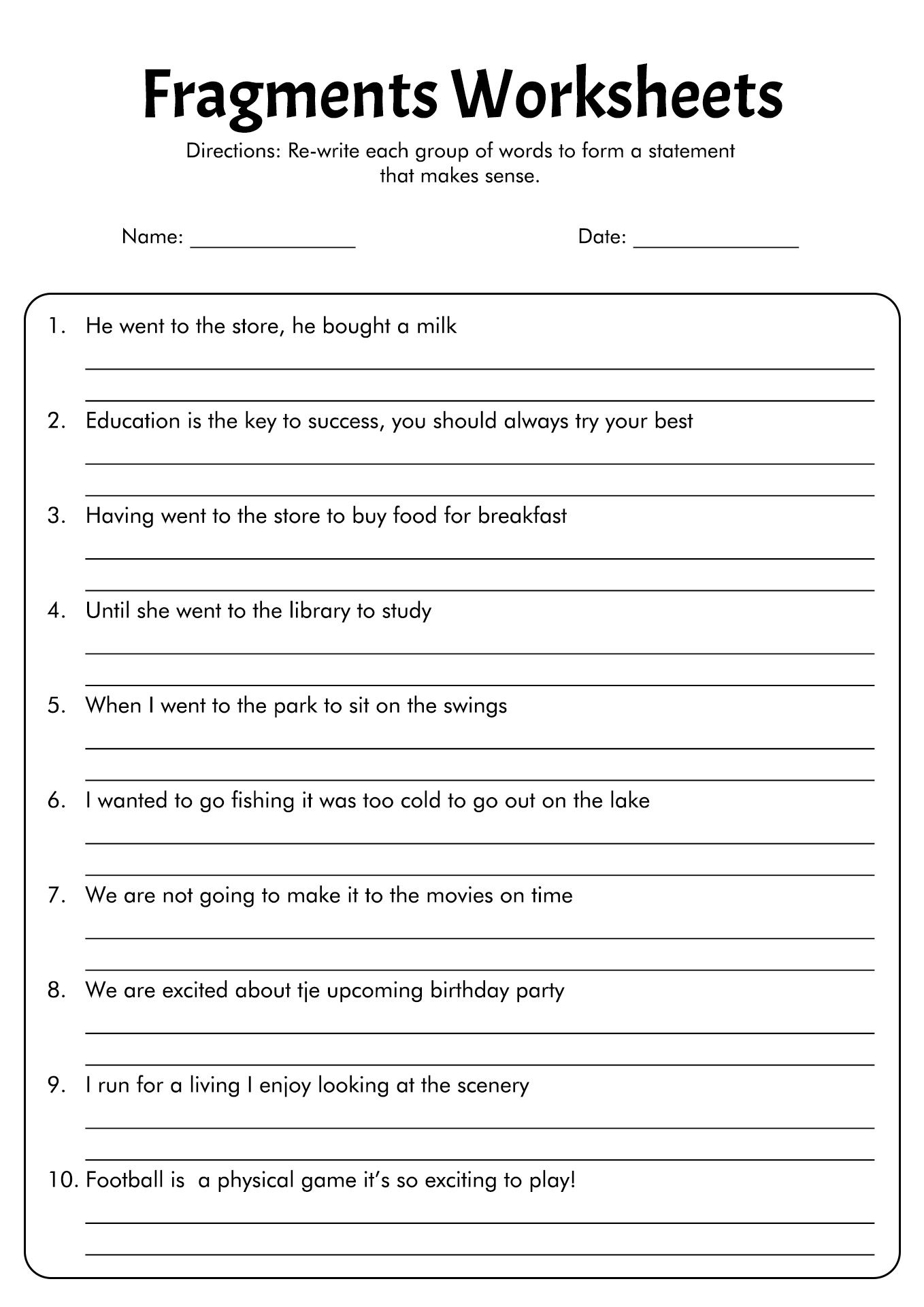 Easy Sentence Fragments Worksheets