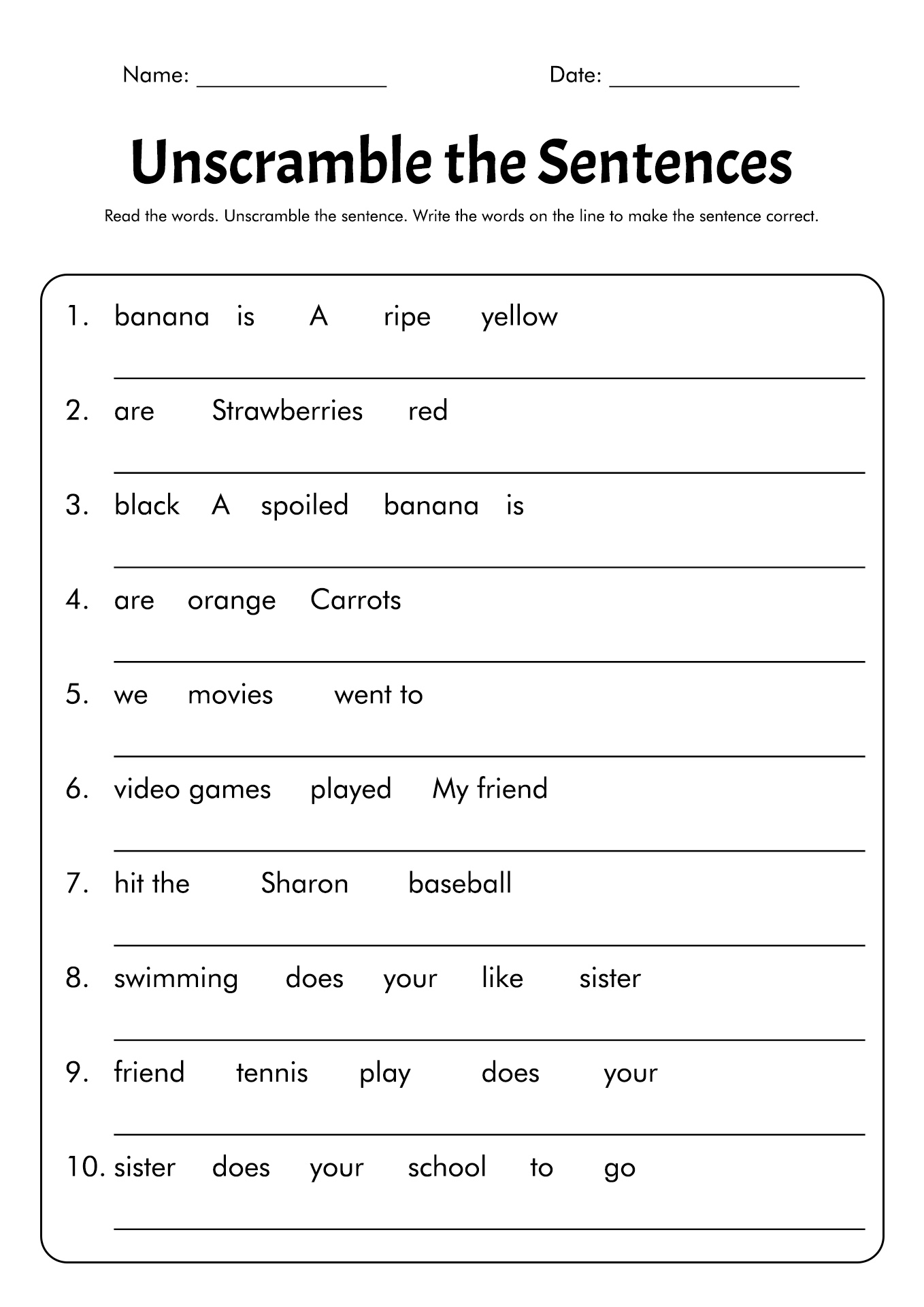 Order The Sentences Worksheet