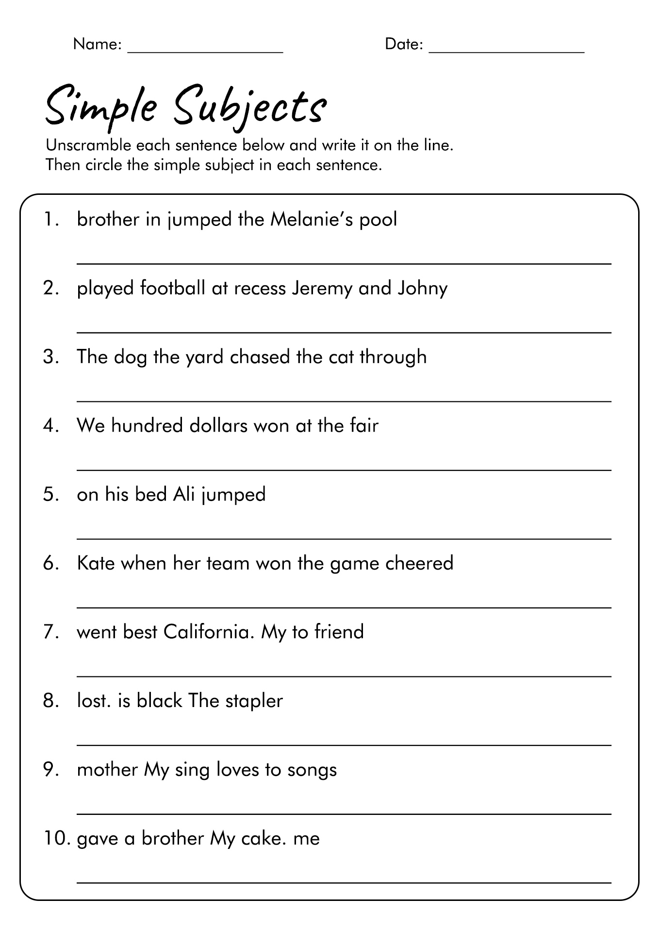 Simple Subject And Predicate Worksheets