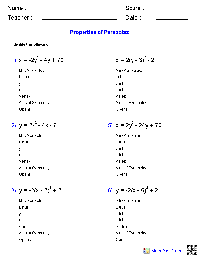 Quadratic Functions Algebra 2 Worksheets