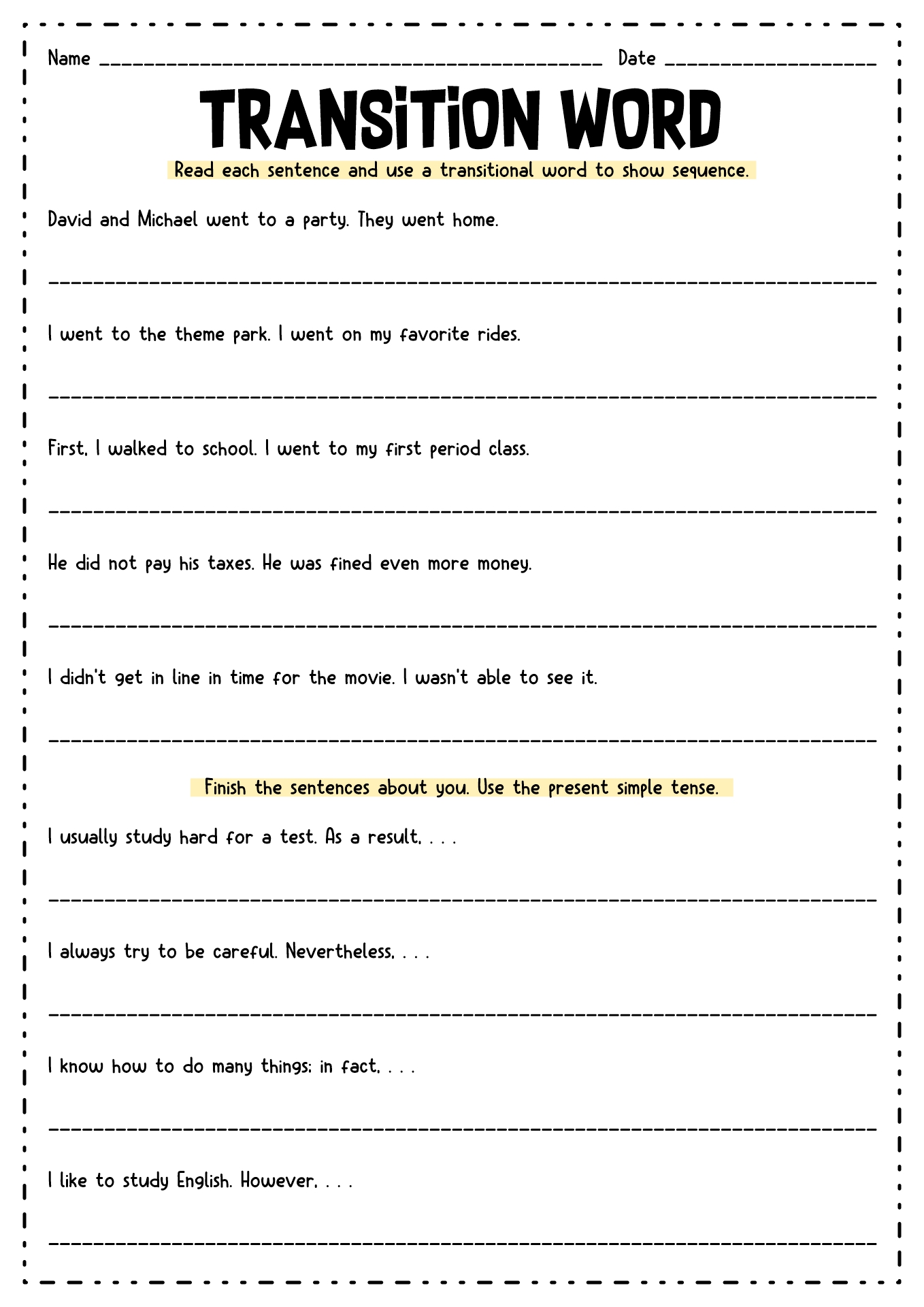 Transition Words and Phrases Worksheets