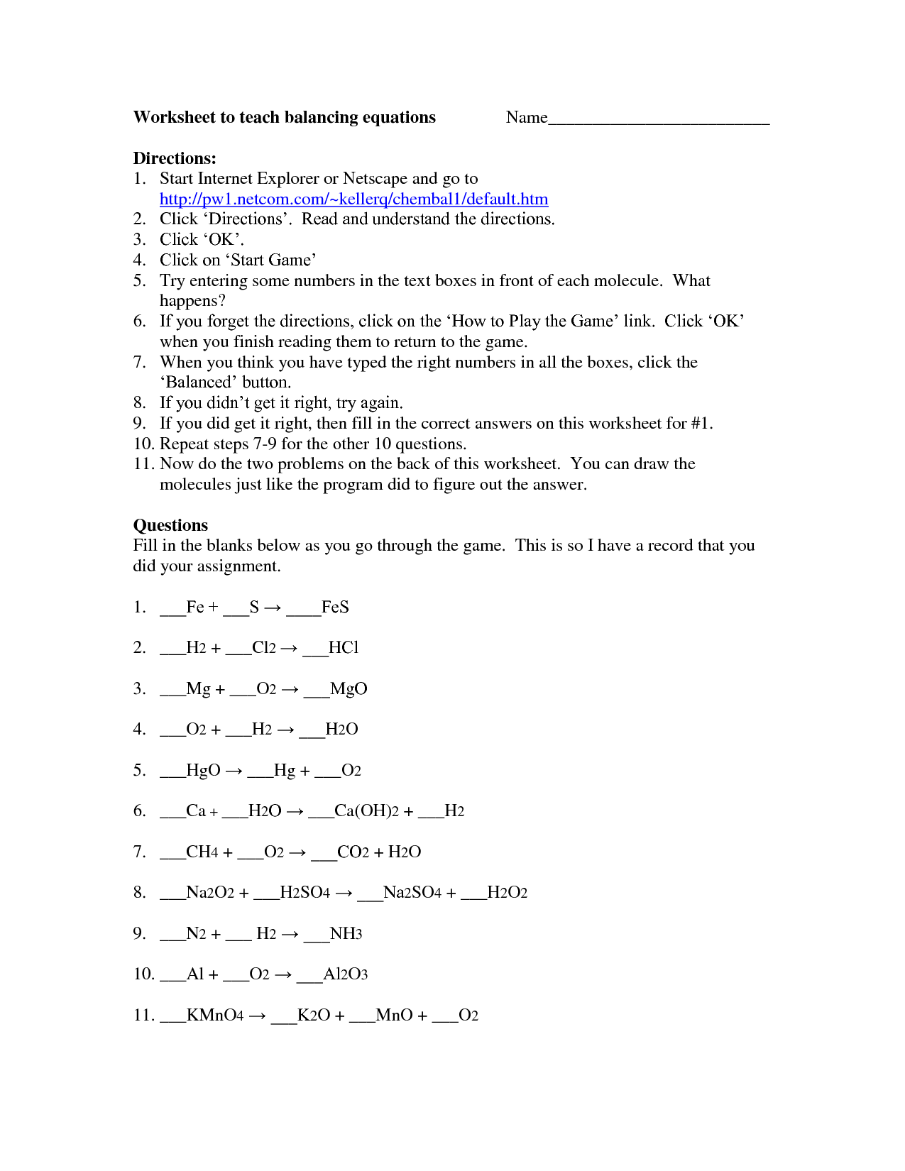 Balancing Chemical Equation Worksheet / 49 Balancing Chemical Equations