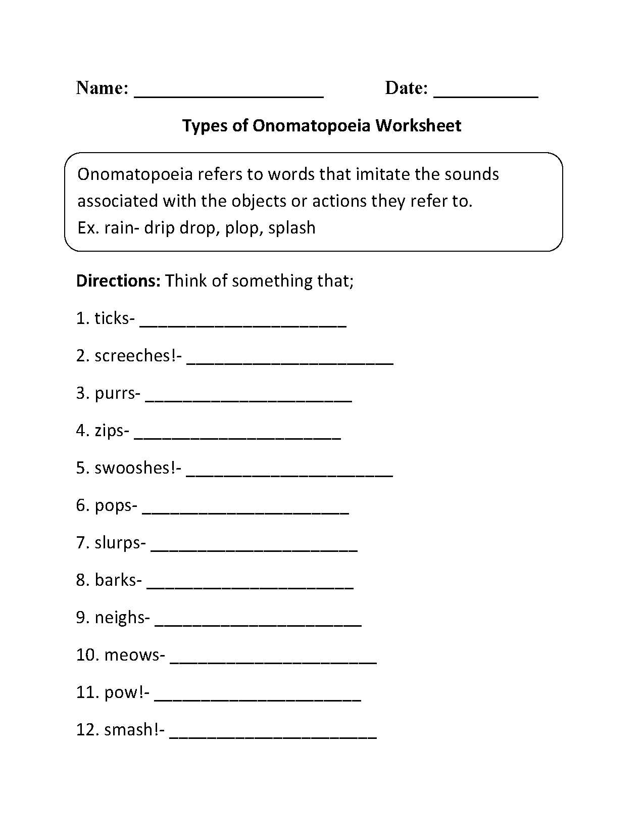 Onomatopoeia Worksheets 7th Grade