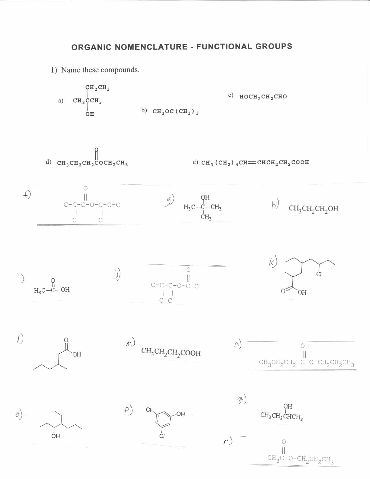Organic Chemistry Nomenclature Worksheets with Answers