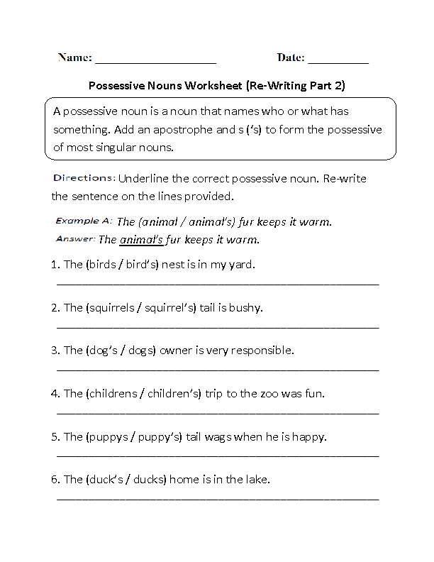 Possessive Nouns Quiz Worksheet