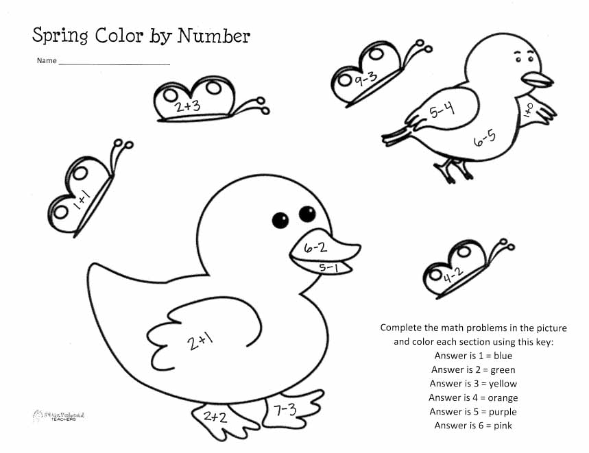 Spring Color by Number Addition Worksheets