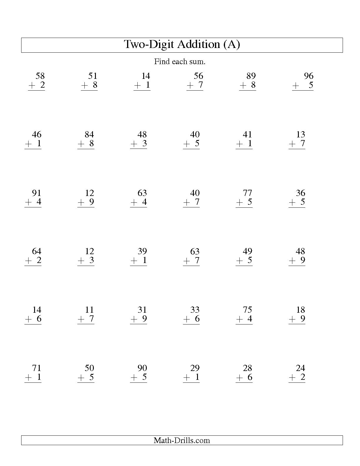 Two-Digit Plus One Digit Addition Worksheets