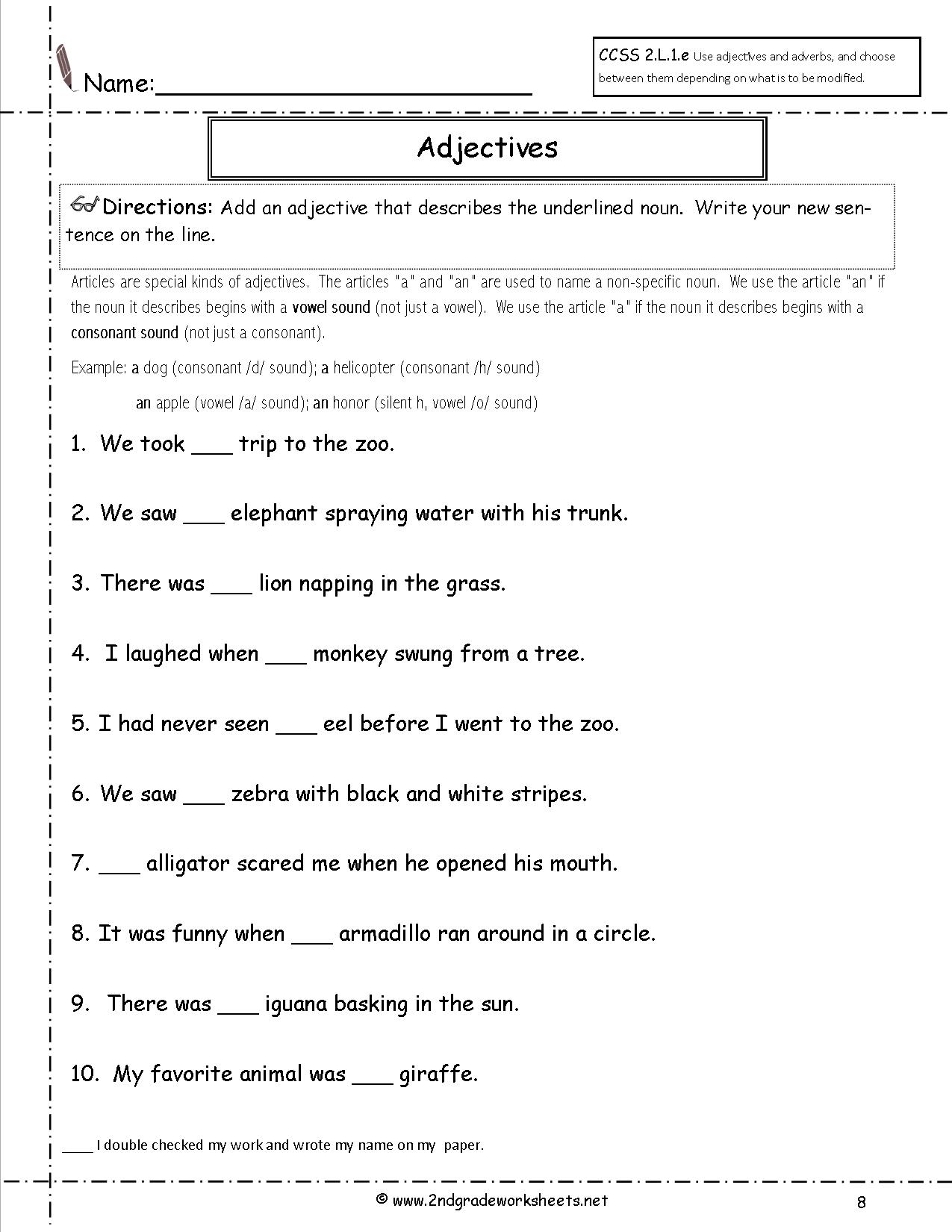 2nd Grade Worksheets Nouns Verbs And Adjectives