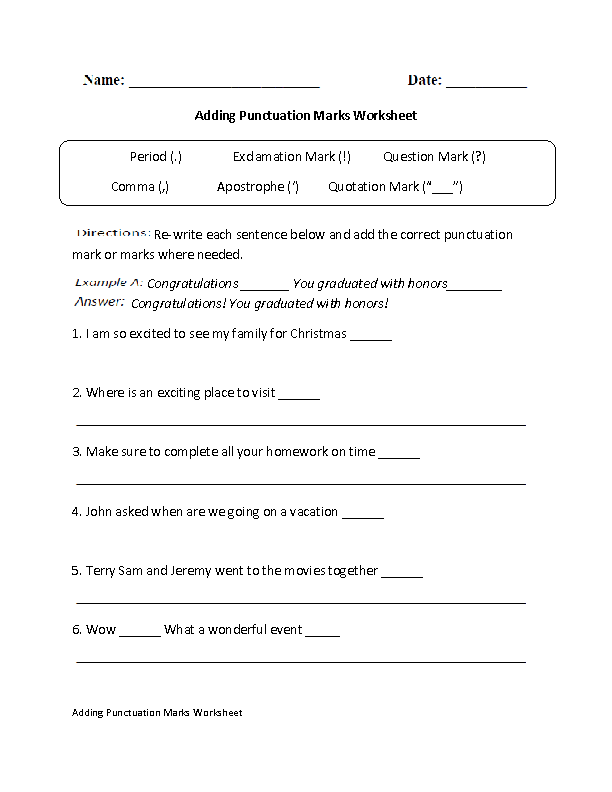 English Punctuation Worksheets Grade 6