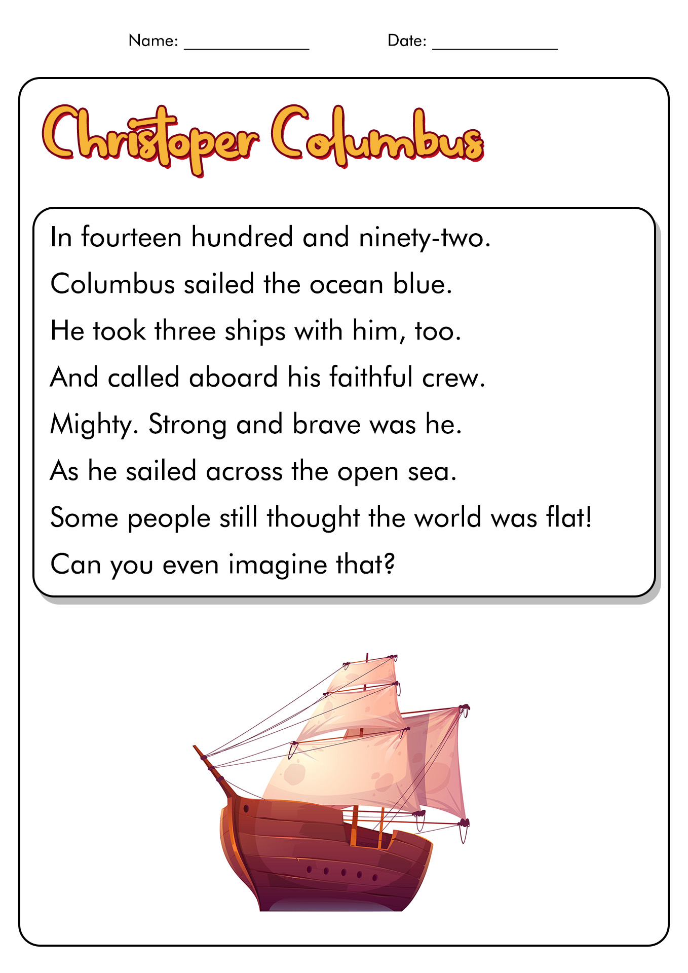 13 Best Images of Christopher Columbus Kindergarten Worksheets