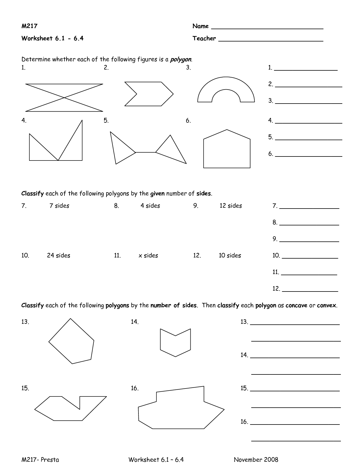 Concave and Convex Polygons Worksheets