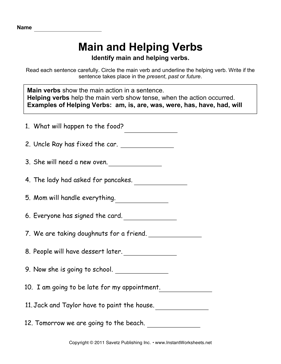 Main and Helping Verbs Worksheets