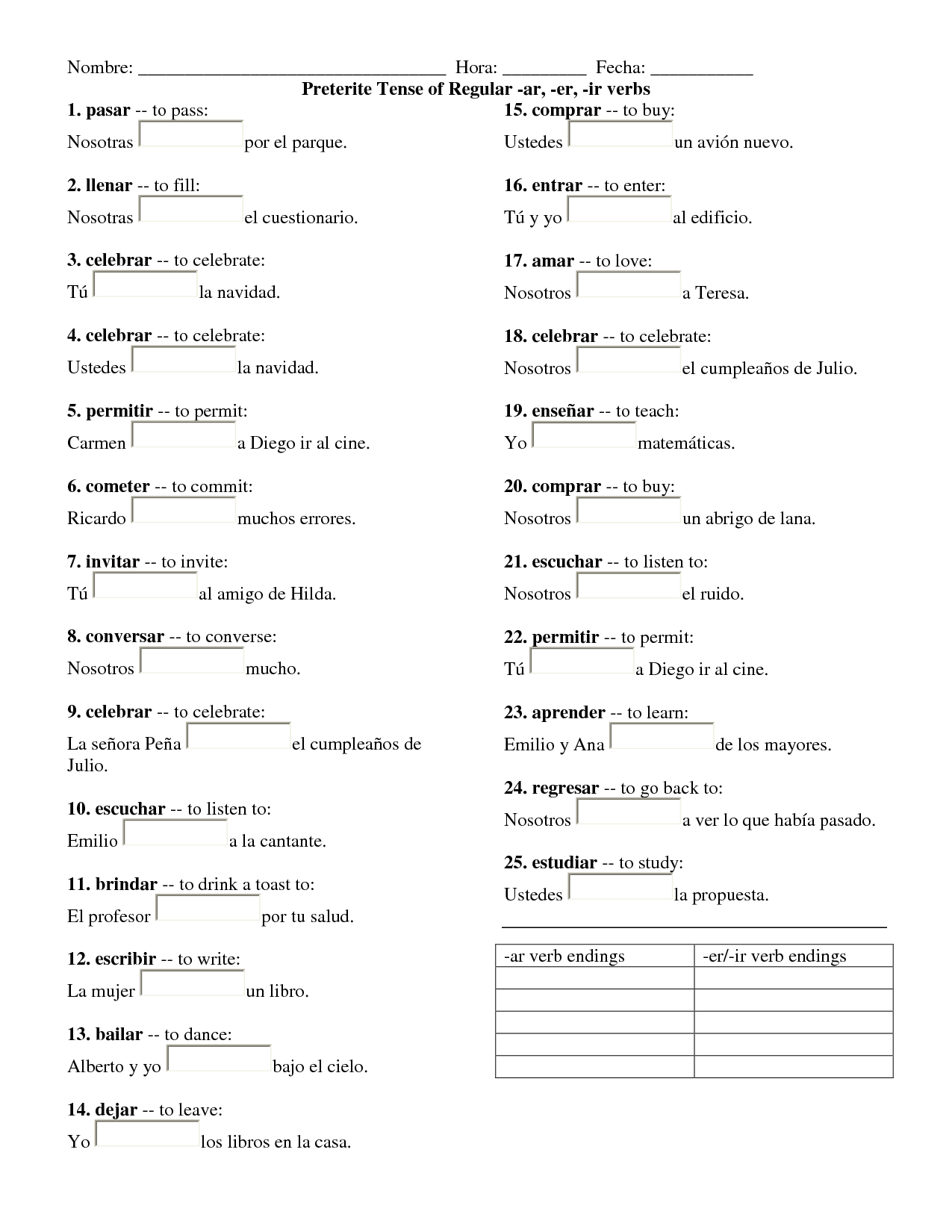 19 Best Images Of Spanish Preterite Tense Practice Worksheet Preterite Regular Ar ER Ir Verbs