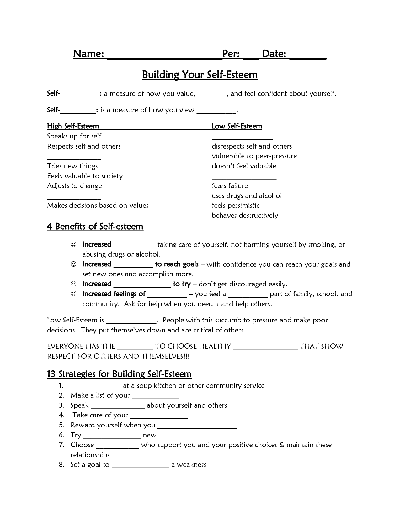 Self-Esteem Building Worksheets