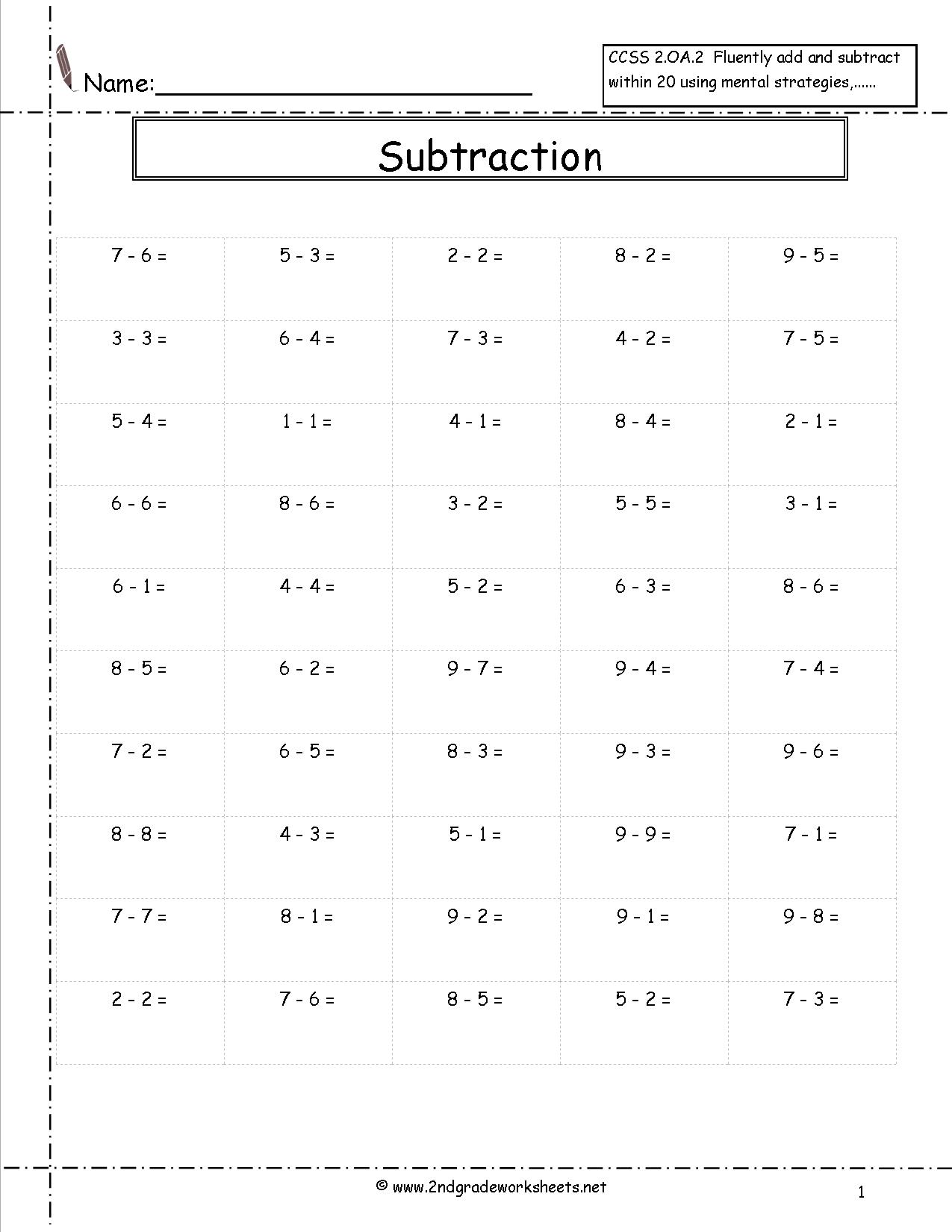 Single Digit Subtraction Worksheets