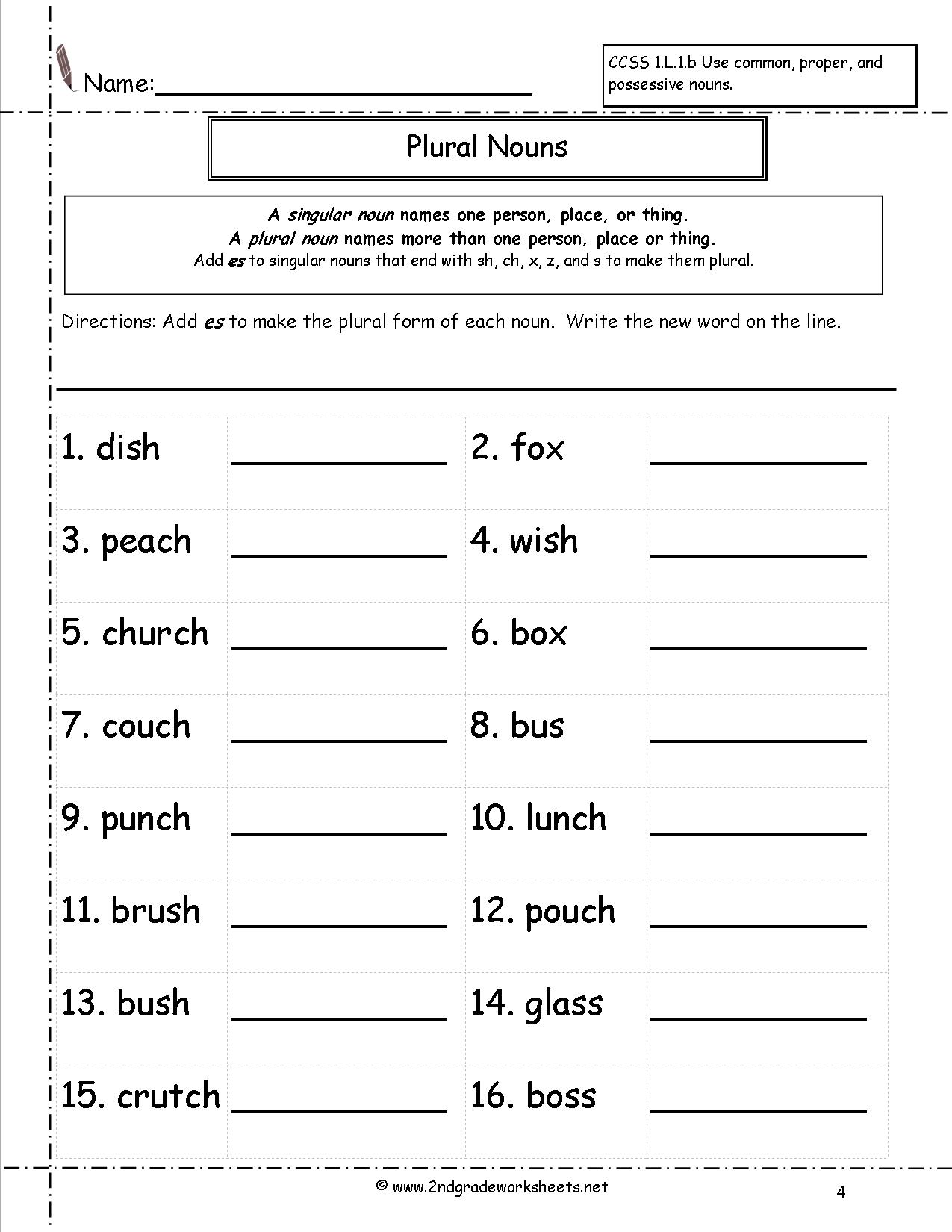 Plural Nouns Second Grade Worksheet