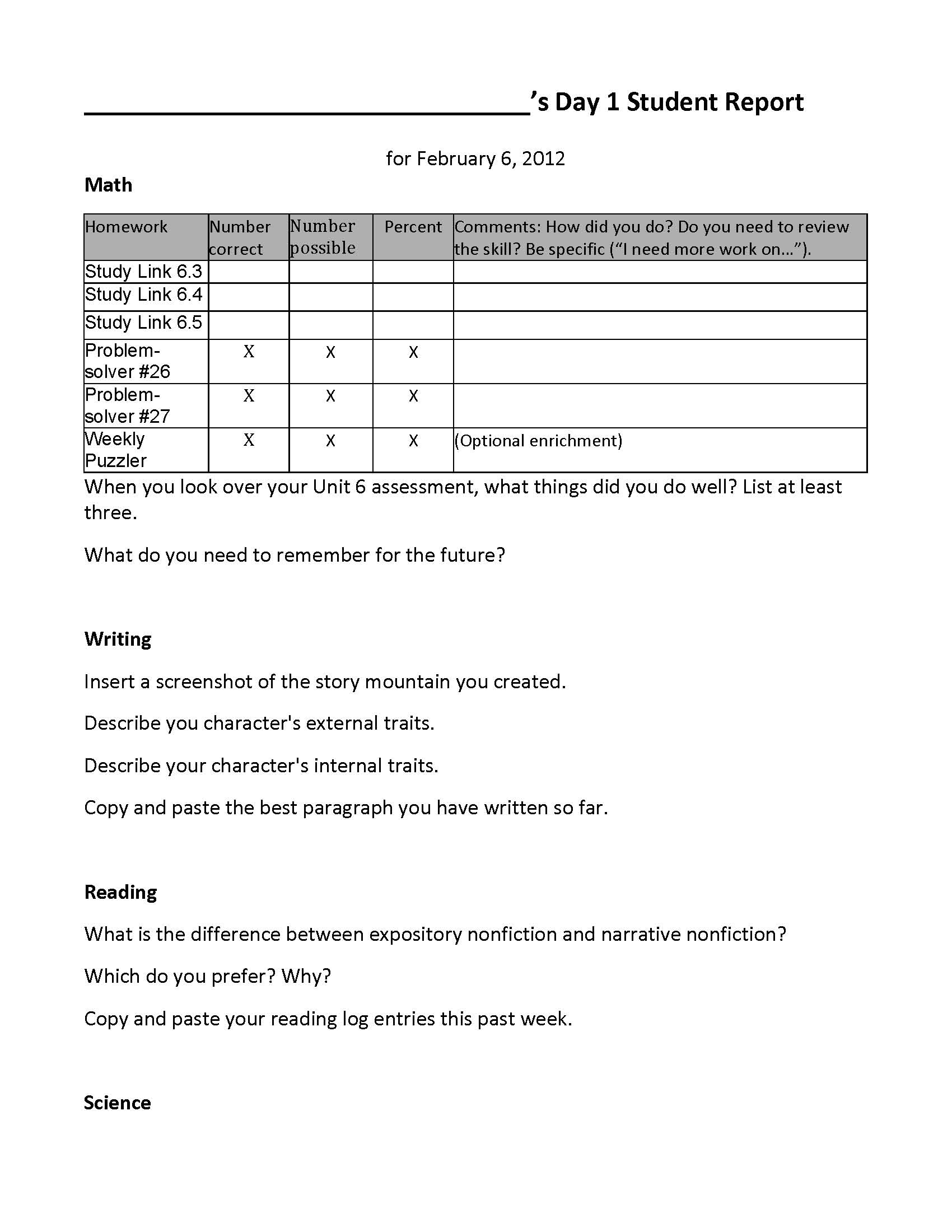 Student Writing Reflection Sheet