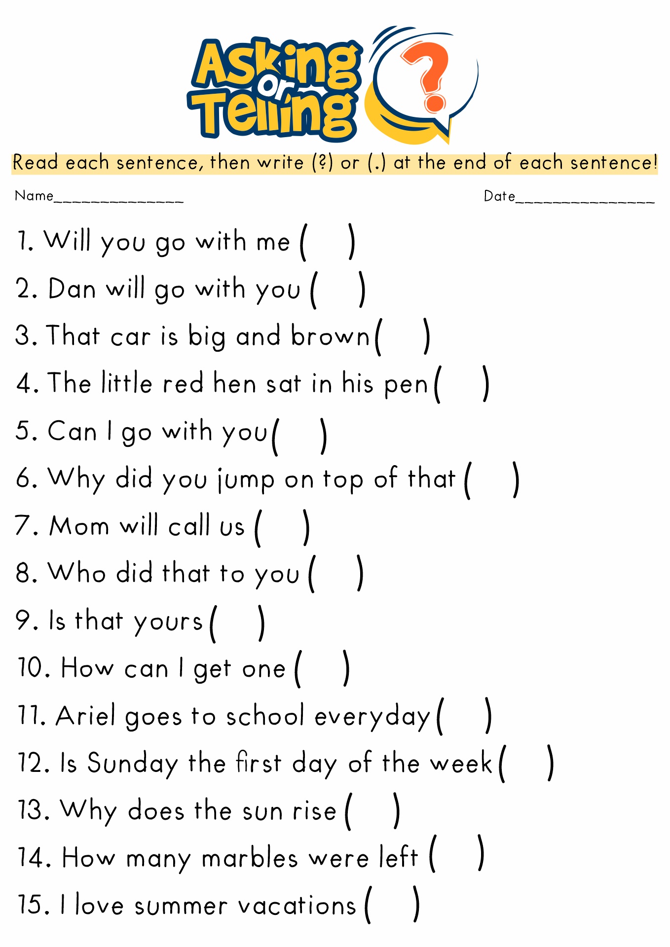 Parts Of A Sentence Worksheet