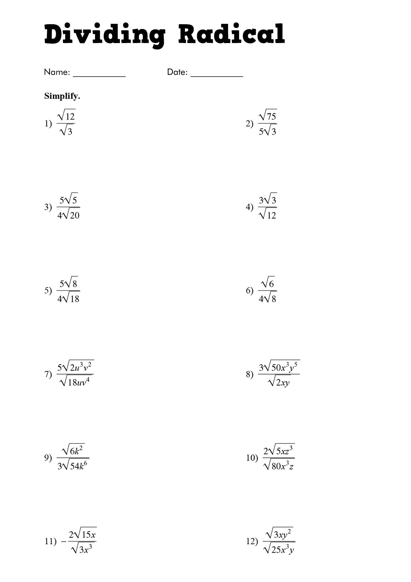 Simplifying Radicals Worksheets Algebra