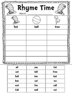 Dr. Seuss Rhyming Worksheet Kindergarten