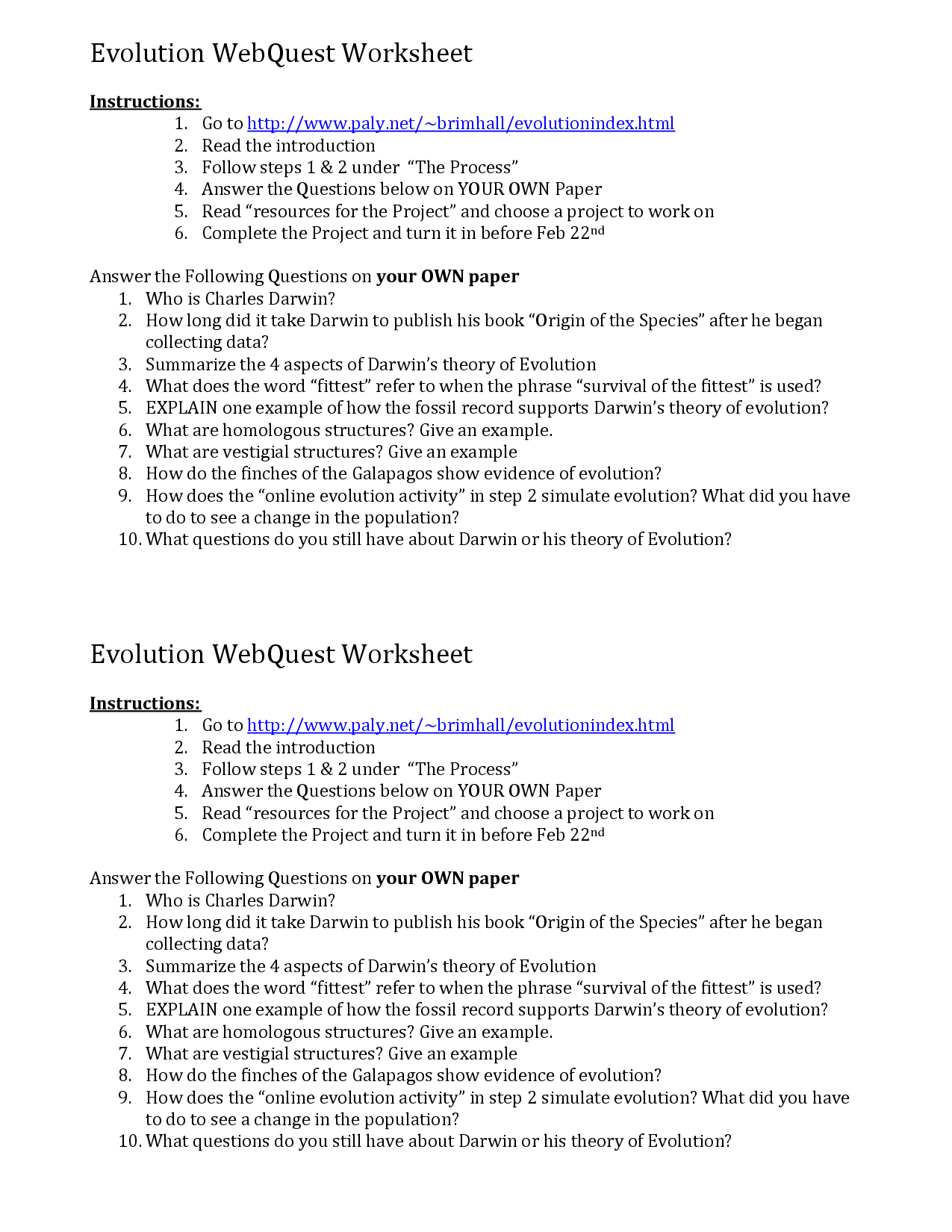 Evolution Worksheet Answer Key
