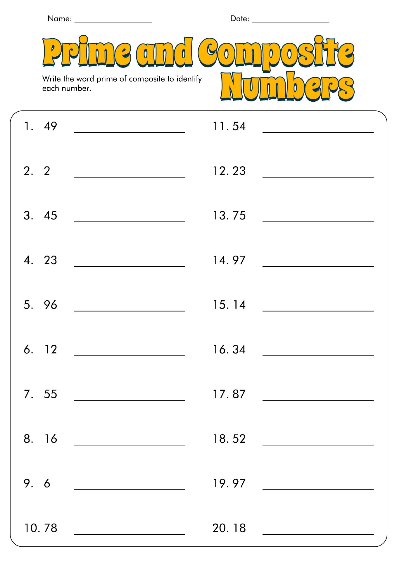 Prime Composite Factors Multiples Worksheets