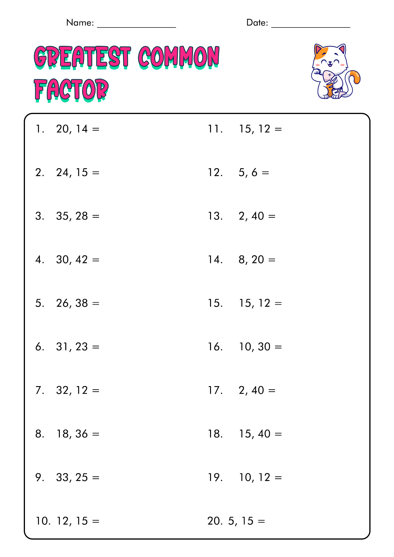 Highest Common Factor Worksheet Grade 6