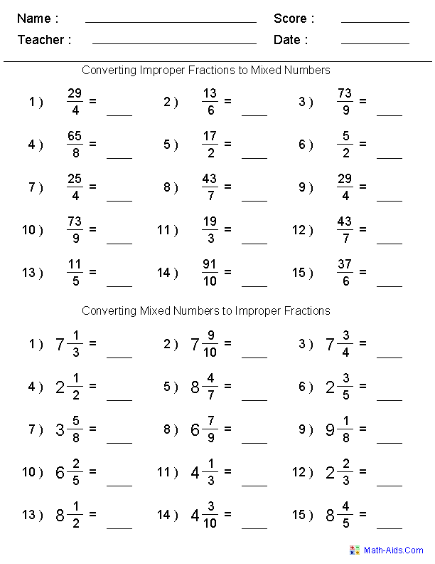 Improper Fractions as Mixed Numbers Worksheet