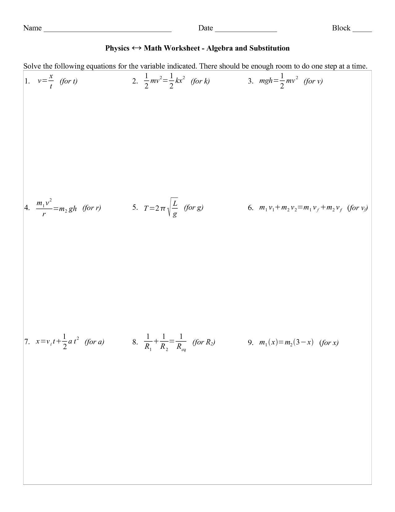 Math Substitution Worksheet Algebra and Physics