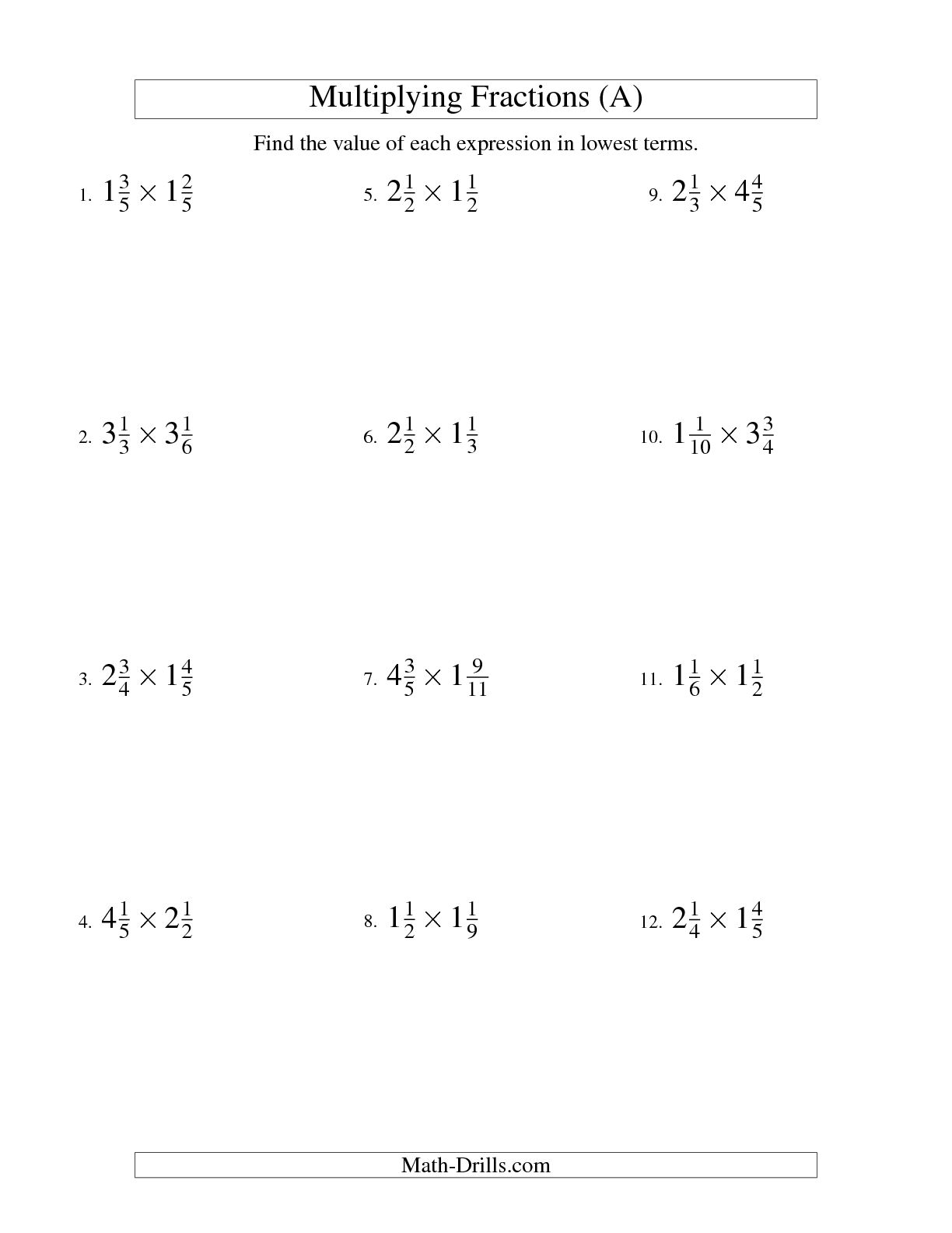 Mixed Fraction Multiplication Worksheets