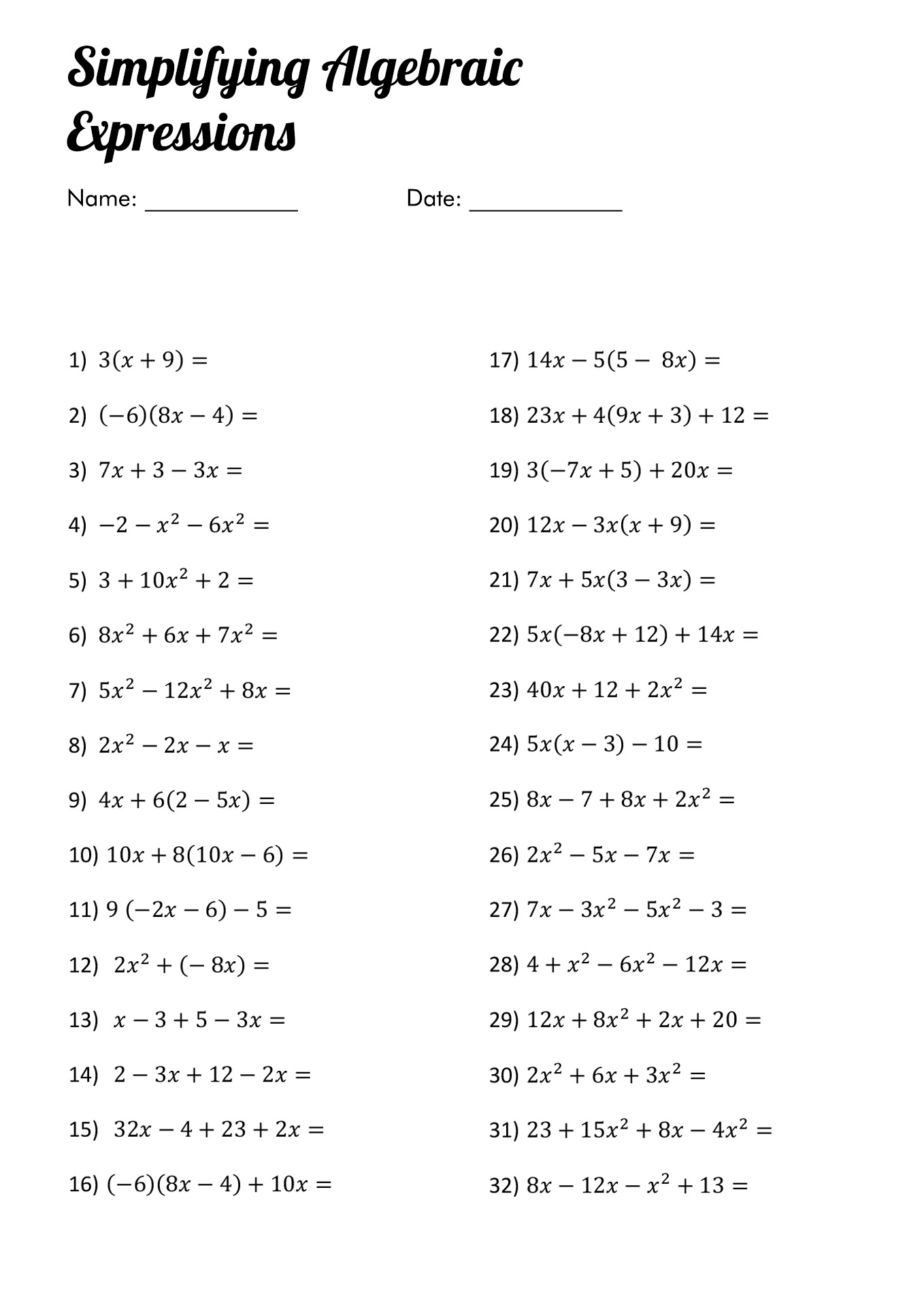 Simplifying Expressions Worksheet With Answers