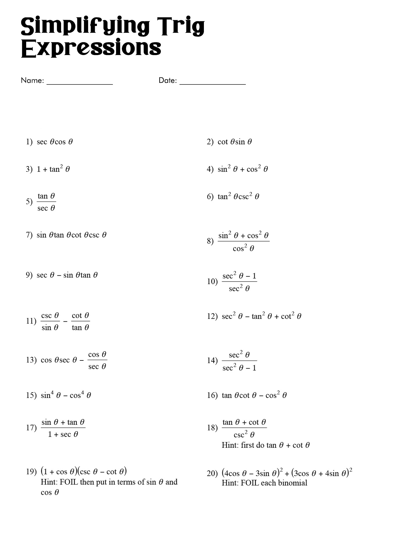 Simplifying Trig Expressions Worksheet With Answers