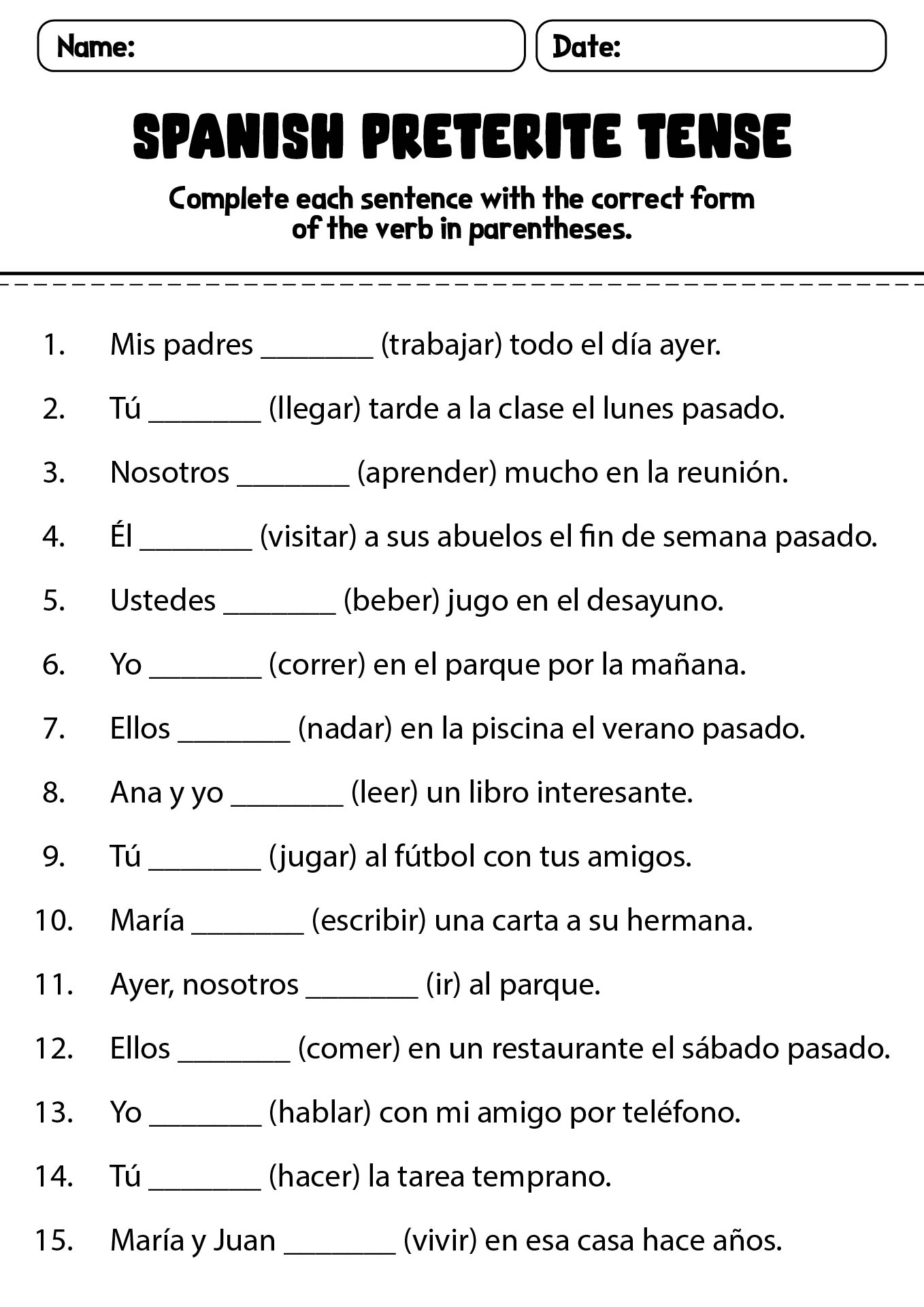 Preterite Tense Verbs Worksheet