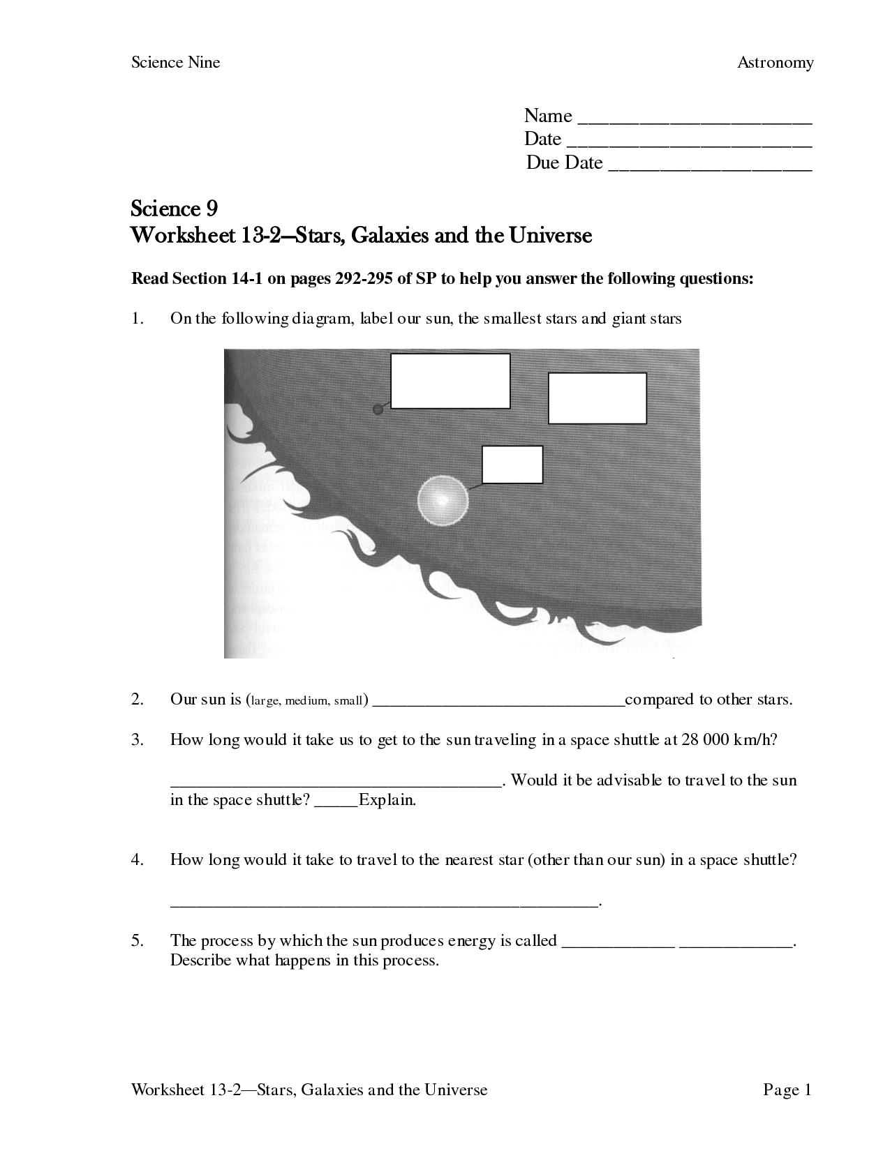 The Universe Stars and Galaxies Worksheets
