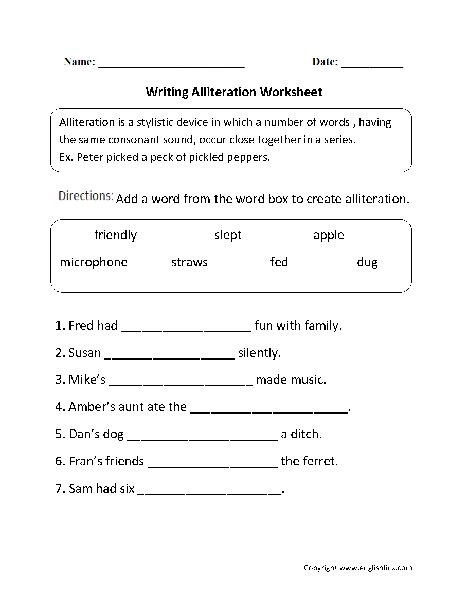 2nd Grade Alliteration Worksheets