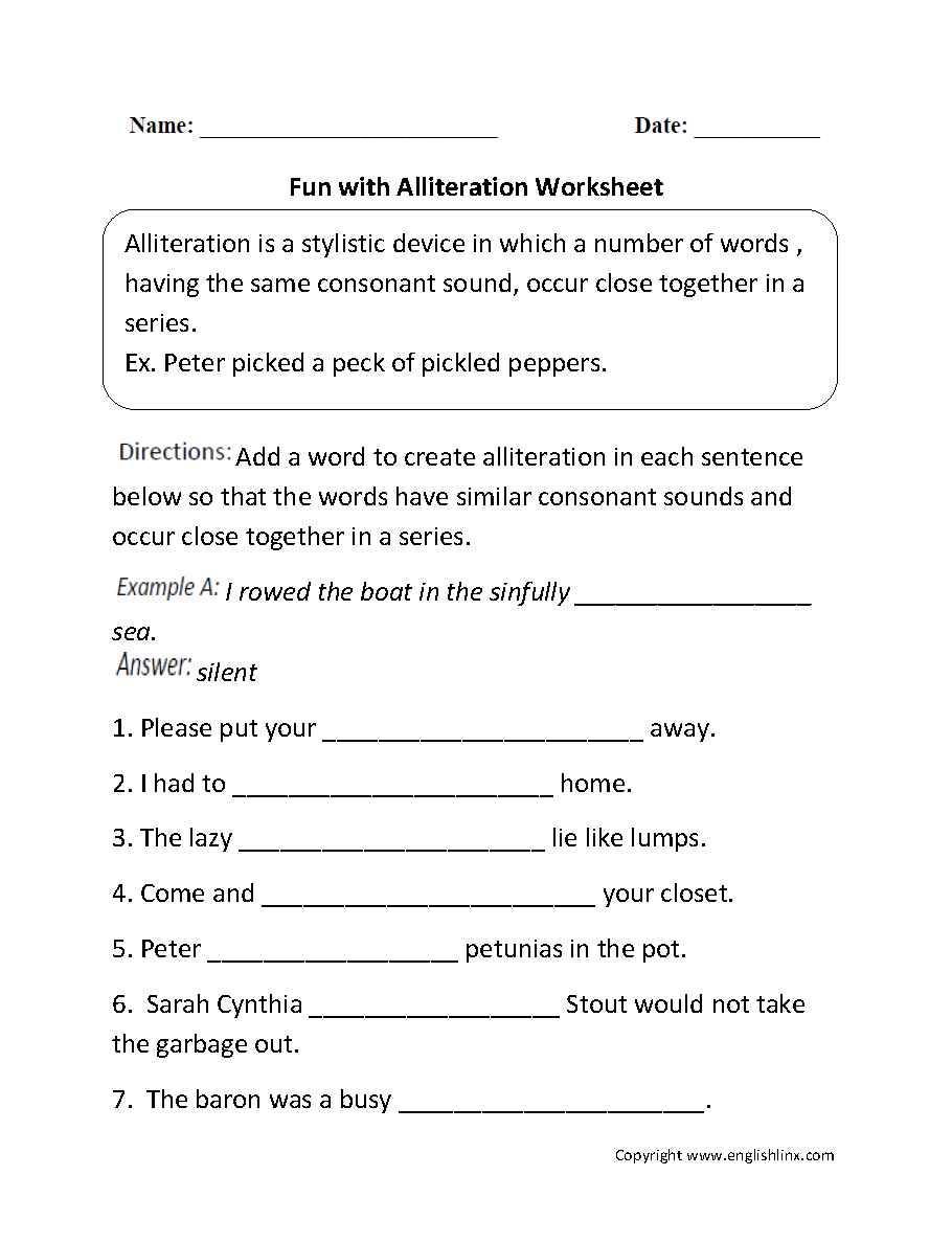 5th Grade Alliteration Worksheet