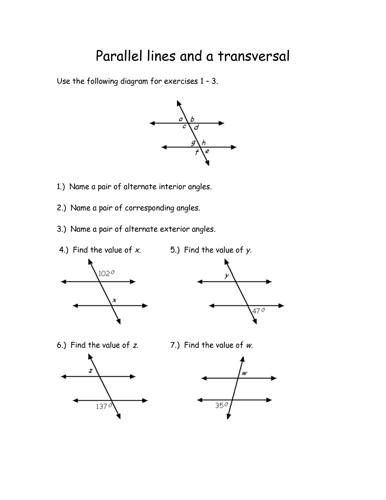 Parallel Lines Transversal Worksheet