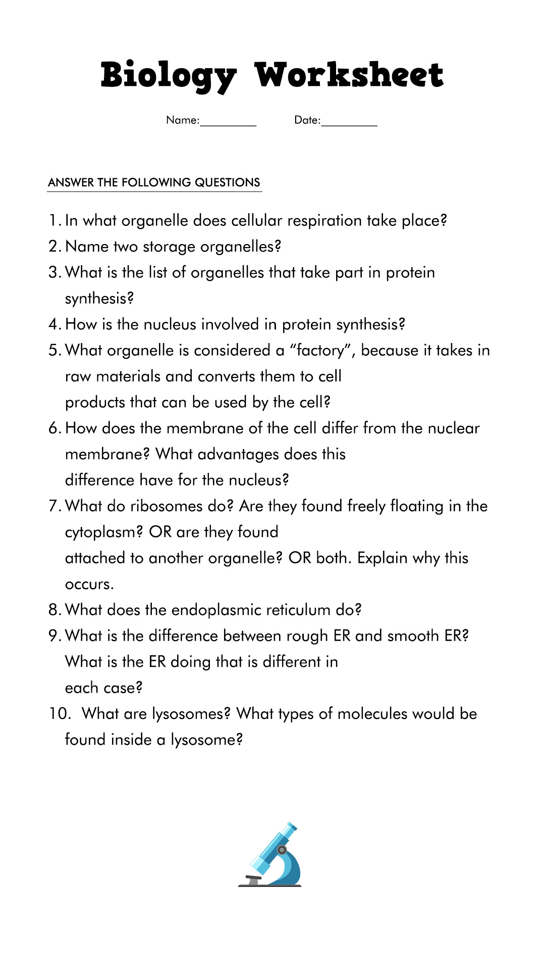 Free Printable Biology 101 College Worksheet