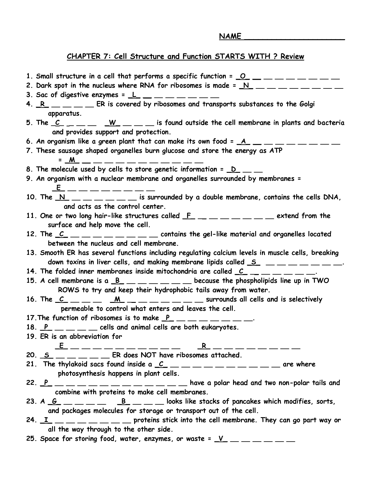 Cell Structure And Function Worksheet Answers