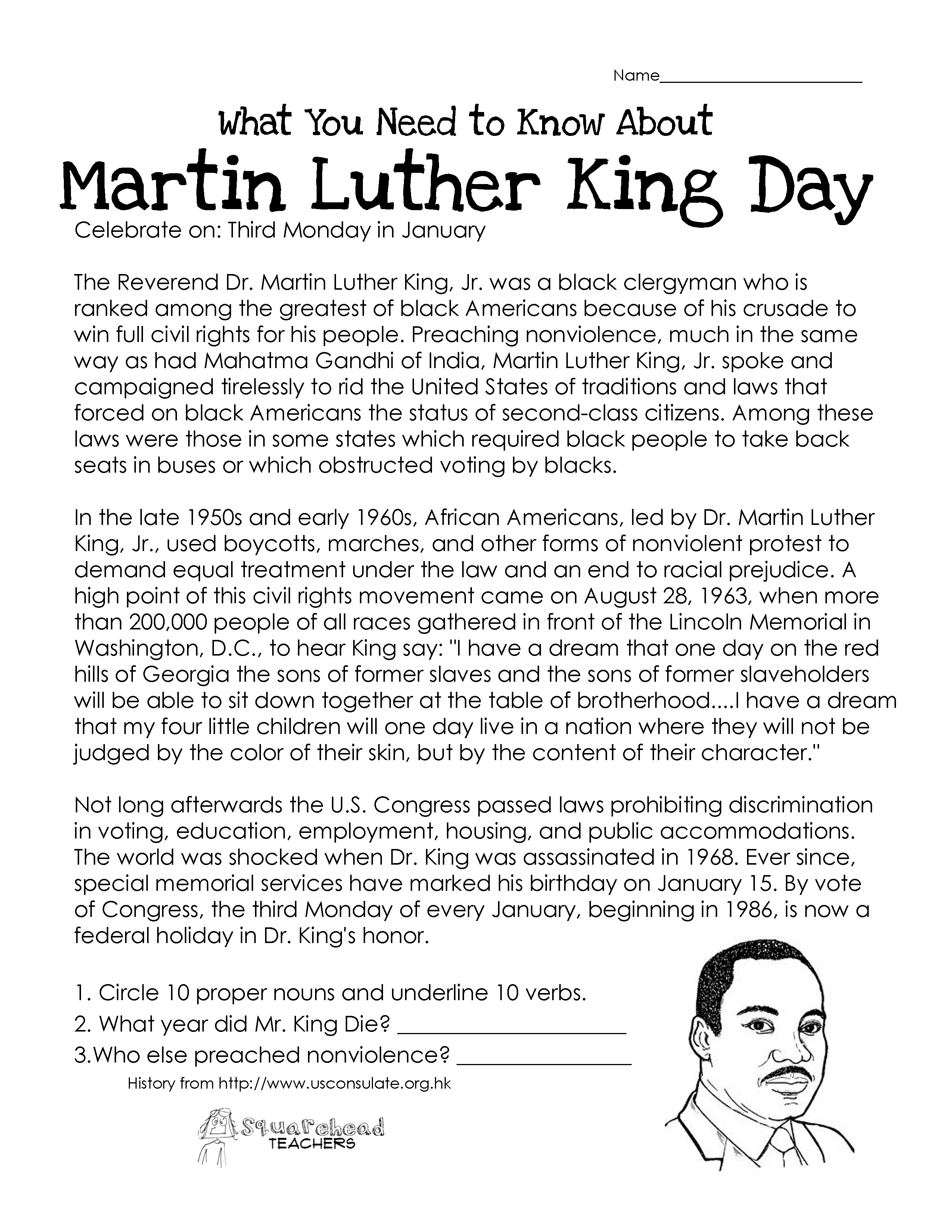 Comprehension Worksheet Martin Luther King Jr.