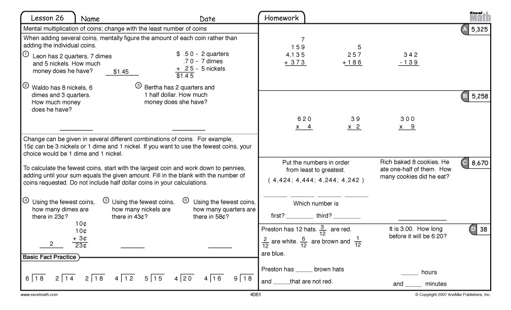 Excel Math Worksheets 4th Grade
