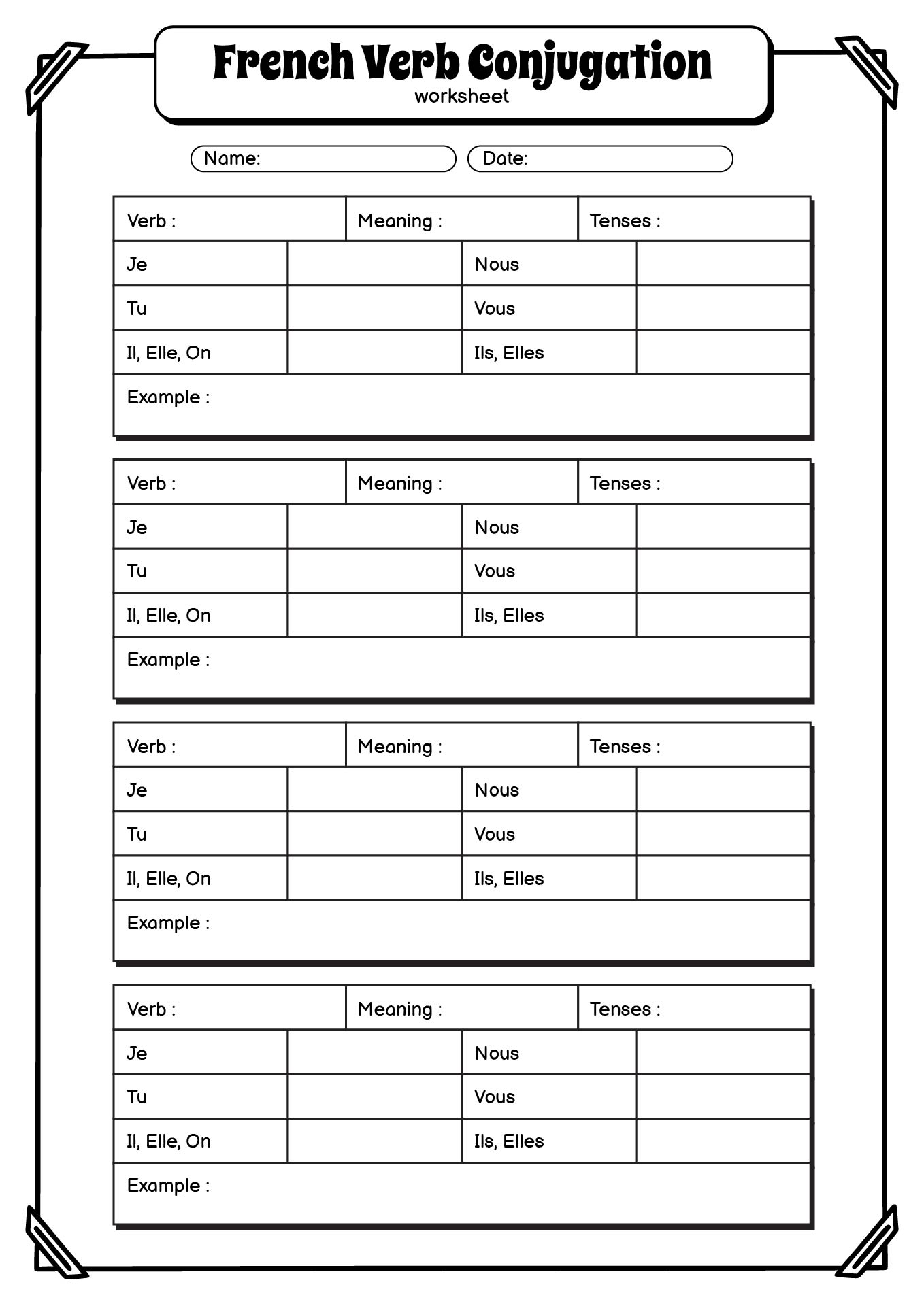 Printable French Verb Conjugation Practice Worksheets Printable Word 