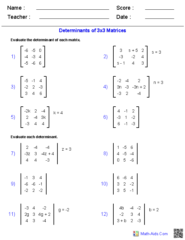 Multiplication Of Matrices Free Math Worksheets