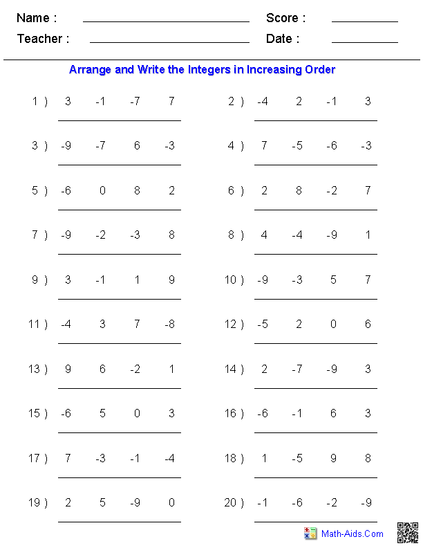 Ordering Rationa Positive Numbers Worksheet