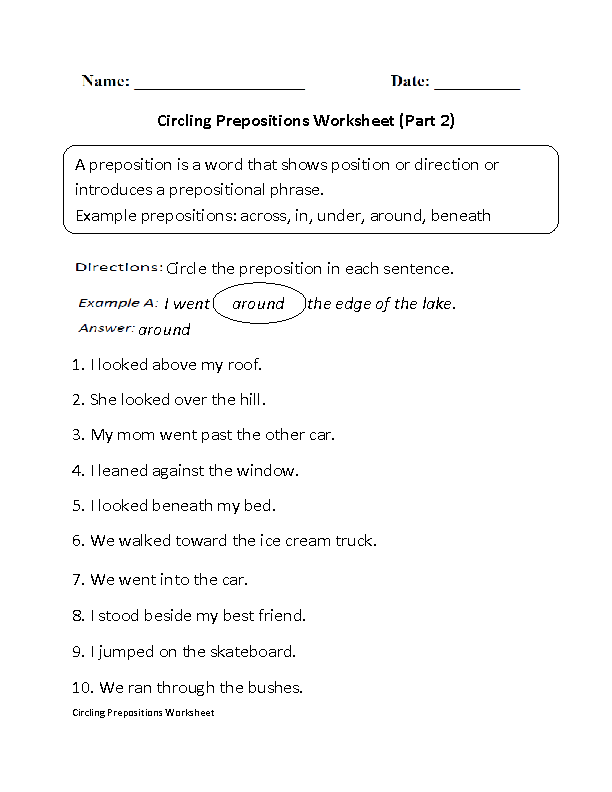 Preposition Worksheet Grade 2